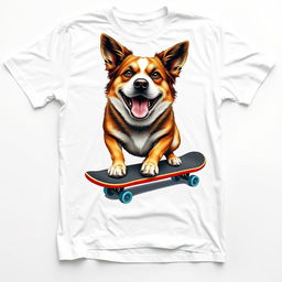 A casual white T-shirt laid flat, featuring a large, playful graphic design of a realistic big-sized dog confidently riding a skateboard