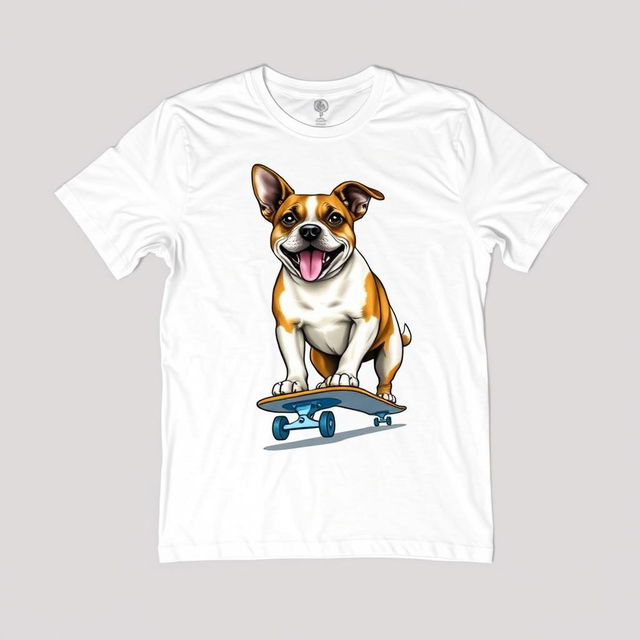 A casual white T-shirt laid flat, featuring a large, playful graphic design of a realistic big-sized dog confidently riding a skateboard