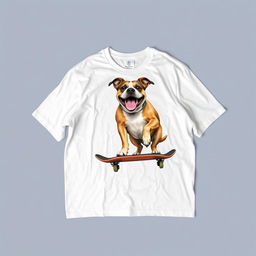 A casual white T-shirt laid flat, featuring a large, playful graphic design of a realistic big-sized dog confidently riding a skateboard