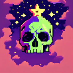 Pixel art profile picture featuring a detailed skull rendered in shades of electric blue against a neon green, starry background