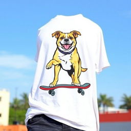 A casual white T-shirt featuring a large, bold graphic design on the front showing a big, friendly dog riding a skateboard