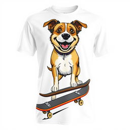 A casual white T-shirt featuring a large, bold graphic design on the front showing a big, friendly dog riding a skateboard