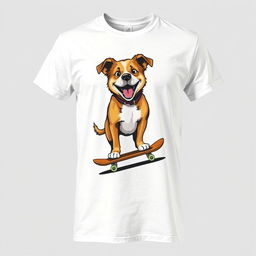 A casual white T-shirt featuring a large, bold graphic design on the front showing a big, friendly dog riding a skateboard