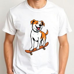 A casual white T-shirt featuring a large, bold graphic design on the front showing a big, friendly dog riding a skateboard