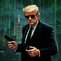 An engaging digital artwork portraying Donald Trump as a suave spy in a Matrix-inspired environment