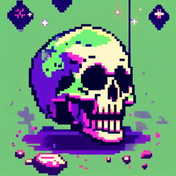 Pixel art profile picture featuring a detailed skull rendered in shades of electric blue against a neon green, starry background