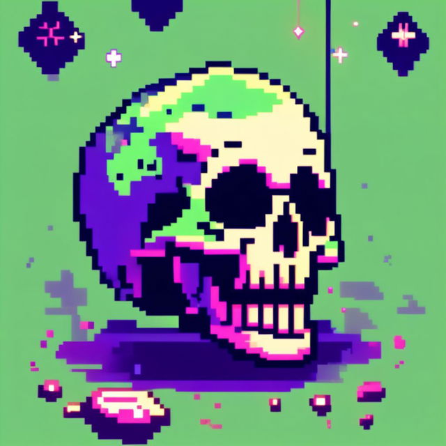 Pixel art profile picture featuring a detailed skull rendered in shades of electric blue against a neon green, starry background