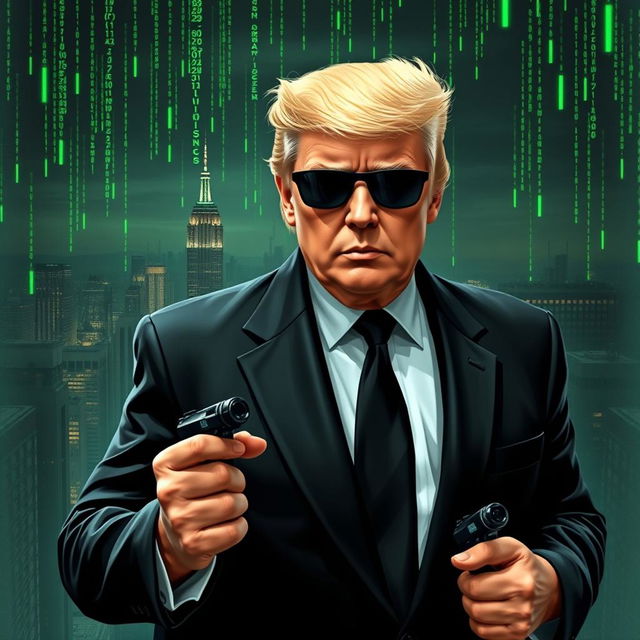 An engaging digital artwork portraying Donald Trump as a suave spy in a Matrix-inspired environment