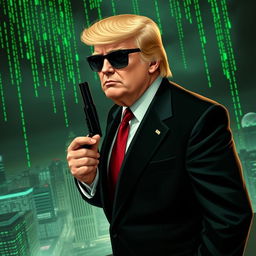 An engaging digital artwork portraying Donald Trump as a suave spy in a Matrix-inspired environment