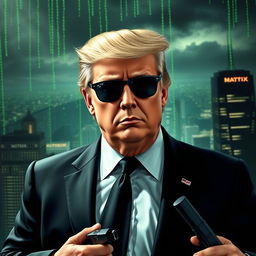 An engaging digital artwork portraying Donald Trump as a suave spy in a Matrix-inspired environment