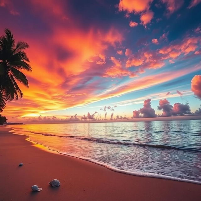 A stunning sunset scene capturing the vivid orange, pink, and purple hues cascading across the sky over a serene beach