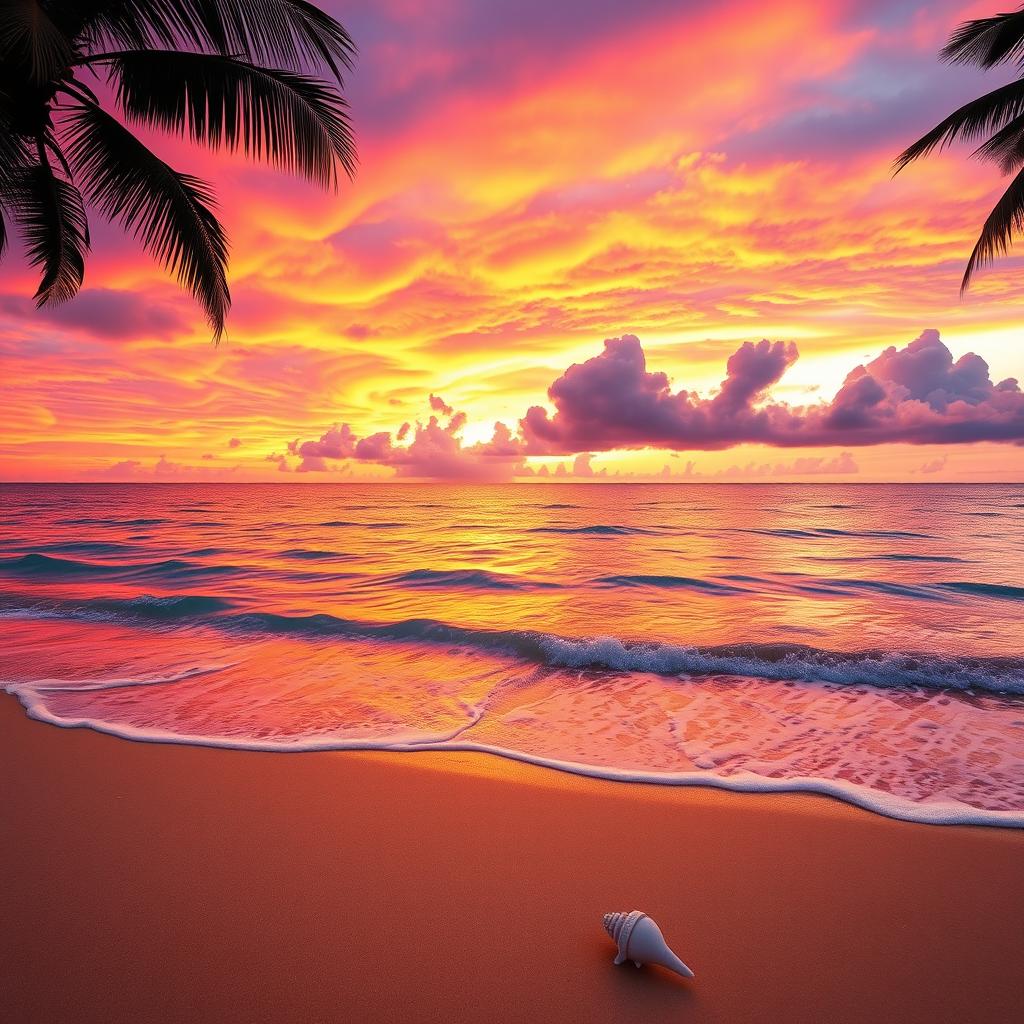 A stunning sunset scene capturing the vivid orange, pink, and purple hues cascading across the sky over a serene beach