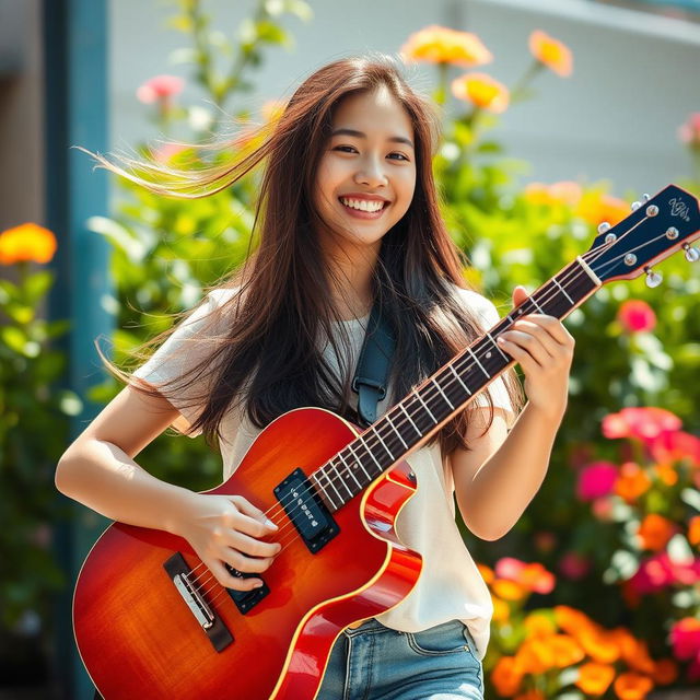 A beautiful Asian teenage girl playing a guitar, her long hair flowing as she smiles joyfully