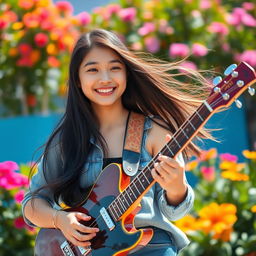 A beautiful Asian teenage girl playing a guitar, her long hair flowing as she smiles joyfully
