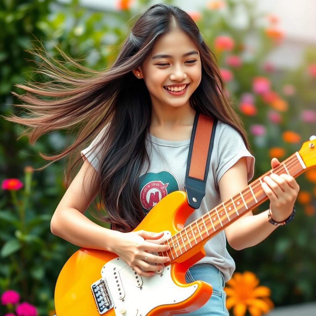 A beautiful Asian teenage girl playing a guitar, her long hair flowing as she smiles joyfully