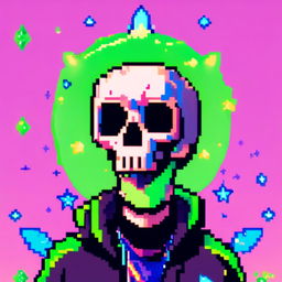 Pixel art profile picture featuring a detailed skull rendered in shades of electric blue against a neon green, starry background