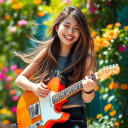 A beautiful Asian teenage girl playing a guitar, her long hair flowing as she smiles joyfully