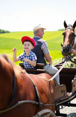 A young boy riding in a horse-drawn carriage with the driver