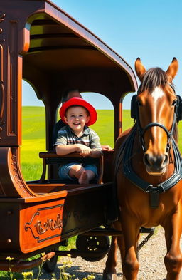 A young boy riding in a horse-drawn carriage with the driver