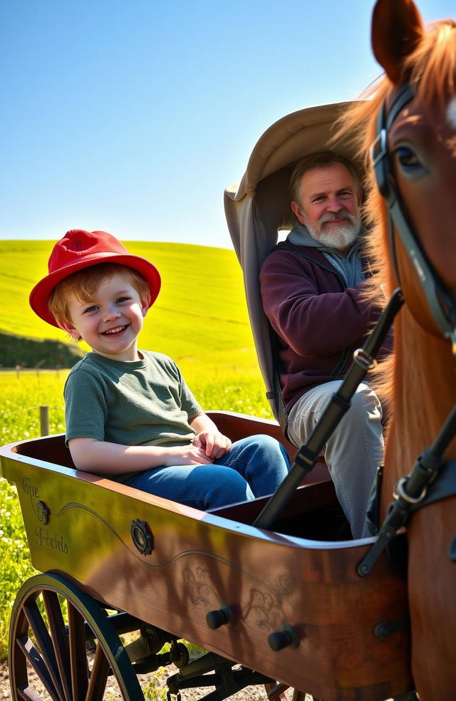 A young boy riding in a horse-drawn carriage with the driver