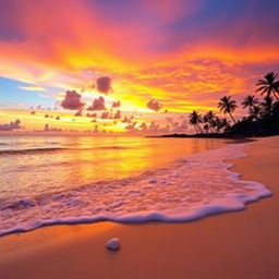 A captivating sunset scene featuring brilliant orange, pink, and purple hues blending beautifully across the sky above a serene beach