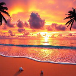 A captivating sunset scene featuring brilliant orange, pink, and purple hues blending beautifully across the sky above a serene beach