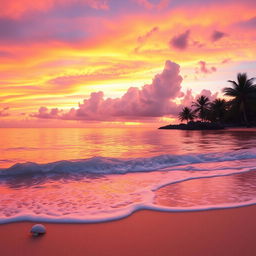 A captivating sunset scene featuring brilliant orange, pink, and purple hues blending beautifully across the sky above a serene beach