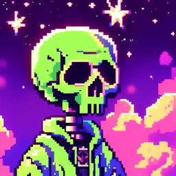 Pixel art profile picture featuring a detailed skull rendered in shades of electric blue against a neon green, starry background