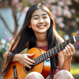 A beautiful Asian girl playing a guitar, smiling brightly with long, flowing hair