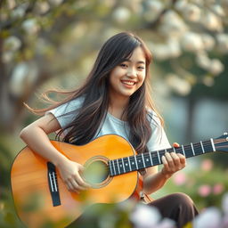 A beautiful Asian girl playing a guitar, smiling brightly with long, flowing hair