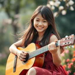 A beautiful Asian girl playing a guitar, smiling brightly with long, flowing hair