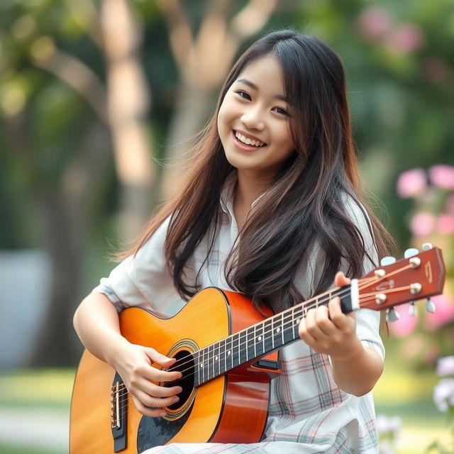 A beautiful Asian girl playing a guitar, smiling brightly with long, flowing hair