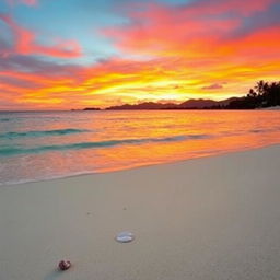 A captivating sunset scene with vibrant hues of orange, pink, and purple spilling across the sky, reflecting beautifully on the calm waters of a serene beach
