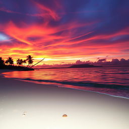 A captivating sunset scene with vibrant hues of orange, pink, and purple spilling across the sky, reflecting beautifully on the calm waters of a serene beach