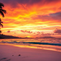 A captivating sunset scene with vibrant hues of orange, pink, and purple spilling across the sky, reflecting beautifully on the calm waters of a serene beach
