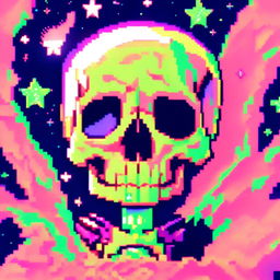 Pixel art profile picture featuring a detailed skull rendered in shades of electric blue against a neon green, starry background