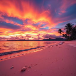 A captivating sunset scene with vibrant hues of orange, pink, and purple spilling across the sky, reflecting beautifully on the calm waters of a serene beach