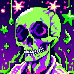 Pixel art profile picture featuring a detailed skull rendered in shades of electric blue against a neon green, starry background