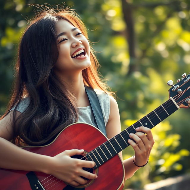 A stunning Asian teenage girl passionately playing an acoustic guitar while singing