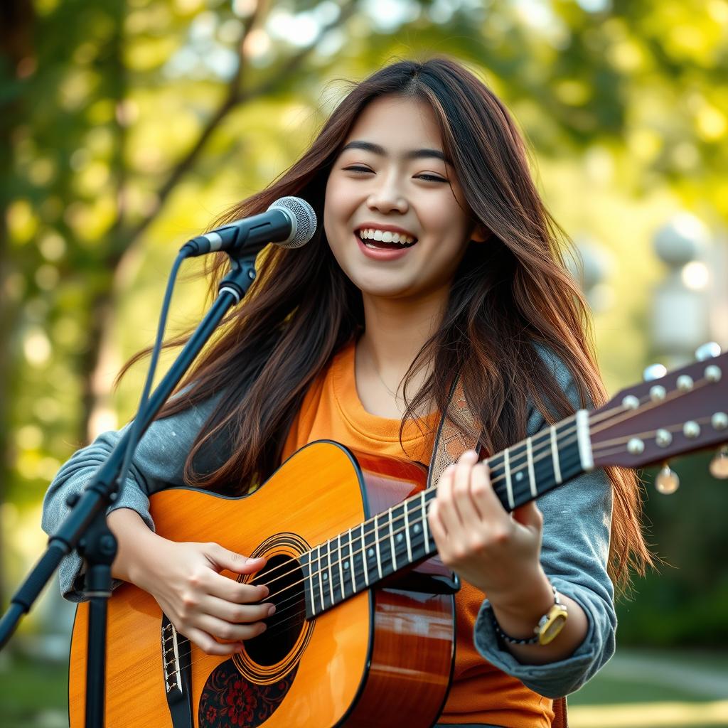 A stunning Asian teenage girl passionately playing an acoustic guitar while singing