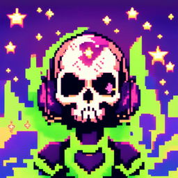 Pixel art profile picture featuring a detailed skull rendered in shades of electric blue against a neon green, starry background