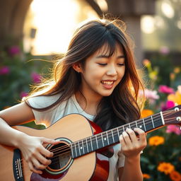 A beautiful Asian teenage girl with dimples, playing an acoustic guitar and singing with passion