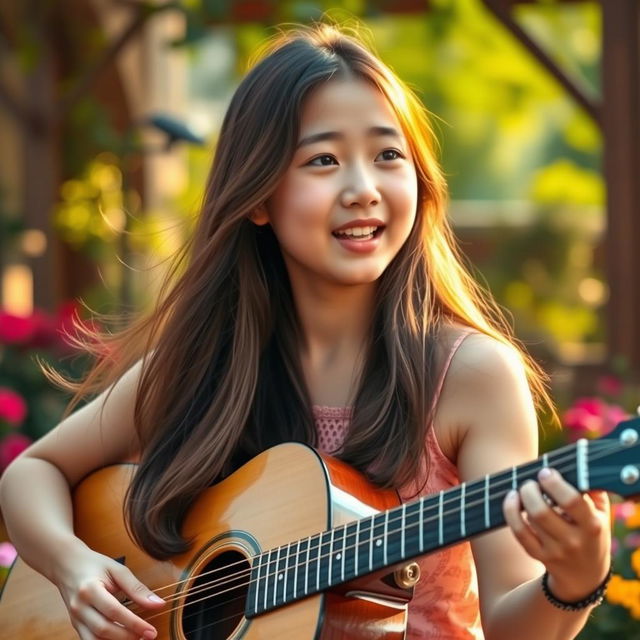 A beautiful Asian teenage girl with dimples, playing an acoustic guitar and singing with passion