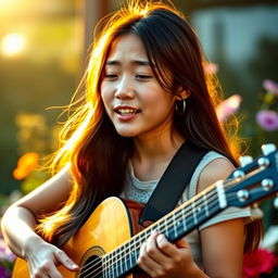 A beautiful Asian teenage girl with dimples, playing an acoustic guitar and singing with passion