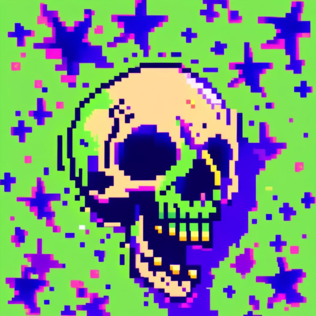 Pixel art profile picture featuring a detailed skull rendered in shades of electric blue against a neon green, starry background