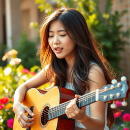 A beautiful Asian teenage girl with dimples, playing an acoustic guitar and singing with passion