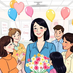 An illustration depicting a recently diagnosed breast cancer employee receiving heartfelt support from her workplace
