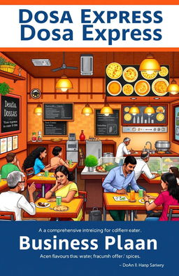 A comprehensive business plan for a Dosa Express restaurant, showcasing an artistic interpretation of a vibrant, bustling Indian eatery specializing in a variety of dosas