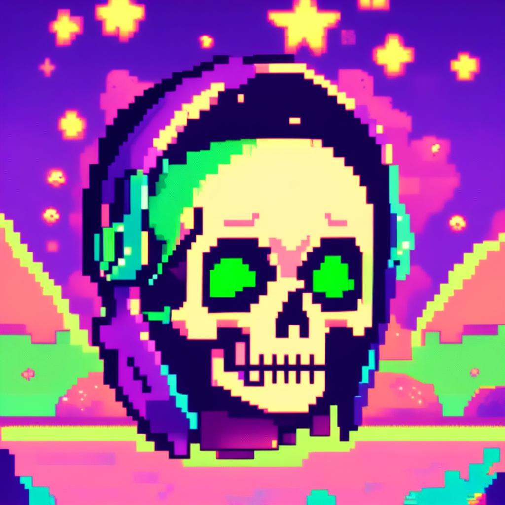 Pixel art profile picture featuring a detailed skull rendered in shades of electric blue against a neon green, starry background