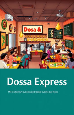 A comprehensive business plan for a Dosa Express restaurant, showcasing an artistic interpretation of a vibrant, bustling Indian eatery specializing in a variety of dosas